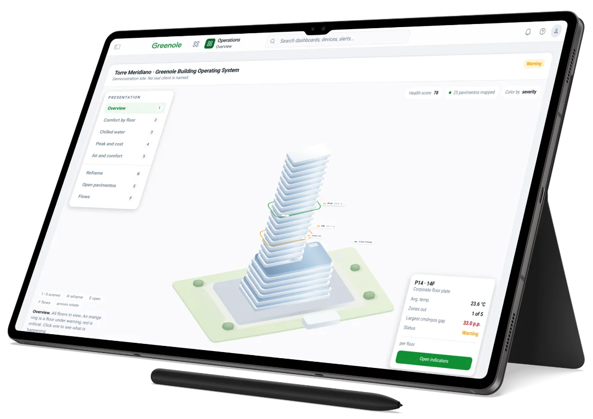 Greenole 3D digital twin of a building, on a tablet