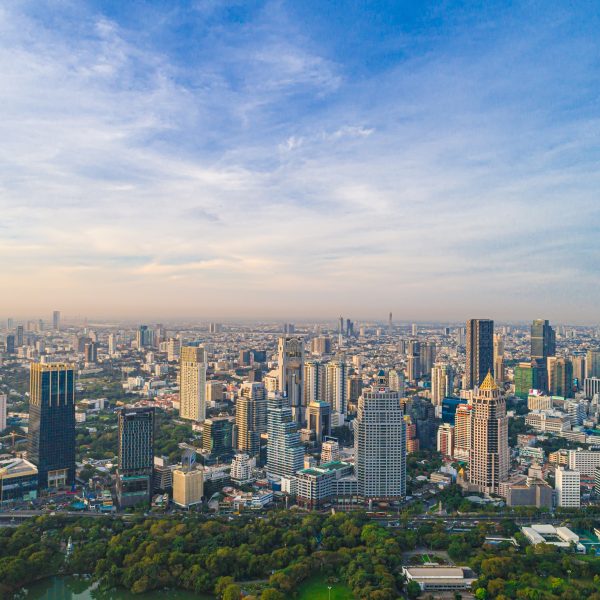 Imagem ampliada de cidade com vários prédios.