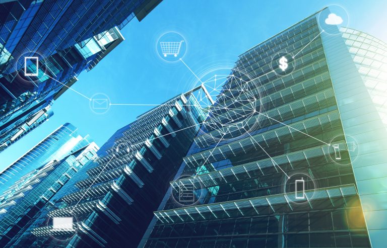 Smart city data infrastructure and global connectivity visualized over modern skyscrapers, linking commercial and retail services.